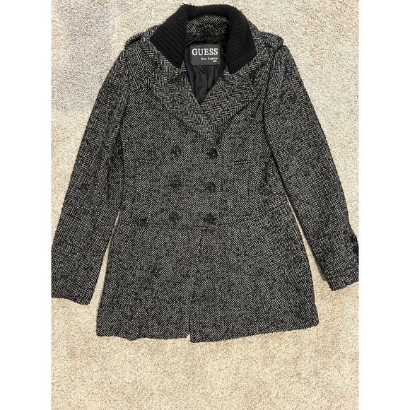 Guess Y2K Black White Herringbone Peacoat Jacket Poly Wool - Picture 1 of 8